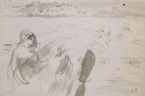 Studie van oogsters die werken in een veld nabij Pontoise door Camille Jacob Pissarro